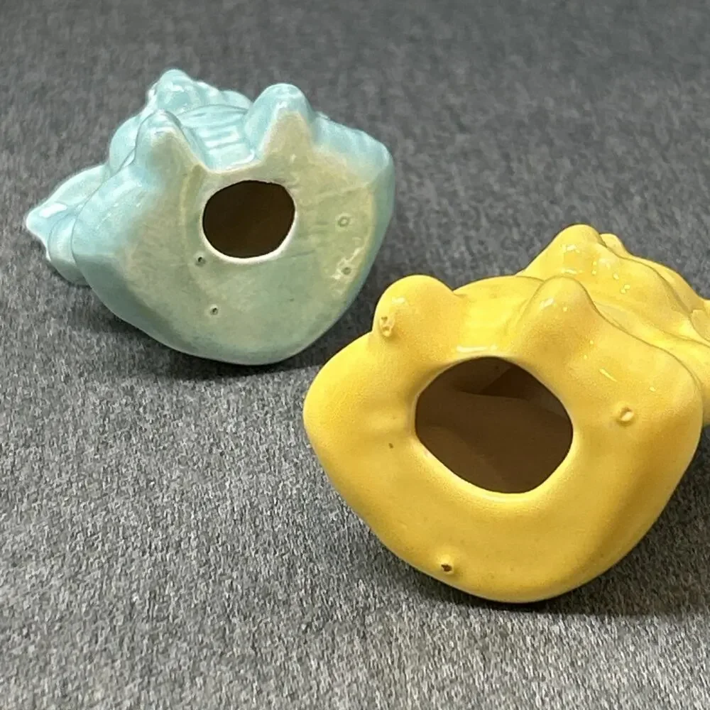 Vintage 2pc Ceramic Elephant Macrame Beads 2in Blue Yellow Crafting Supplies